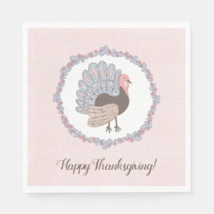 Pink Whimsical Turkey Happy Thanksgiving Napkin