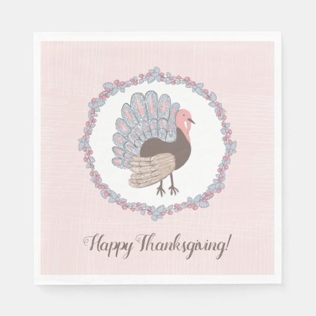 Pink Whimsical Turkey Happy Thanksgiving Napkin (Front)