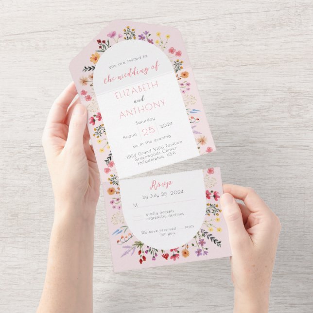 Pink Whimsical Wildflower Calligraphy Wedding All In One Invitation (Tearaway)