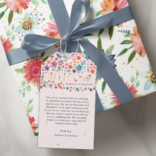 Pink Whimsical Wildflower Gold Wedding Welcome Gift Tags