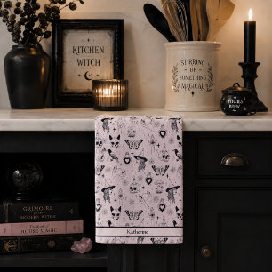 Pink Whimsigoth Witchy Pattern Tea Towel