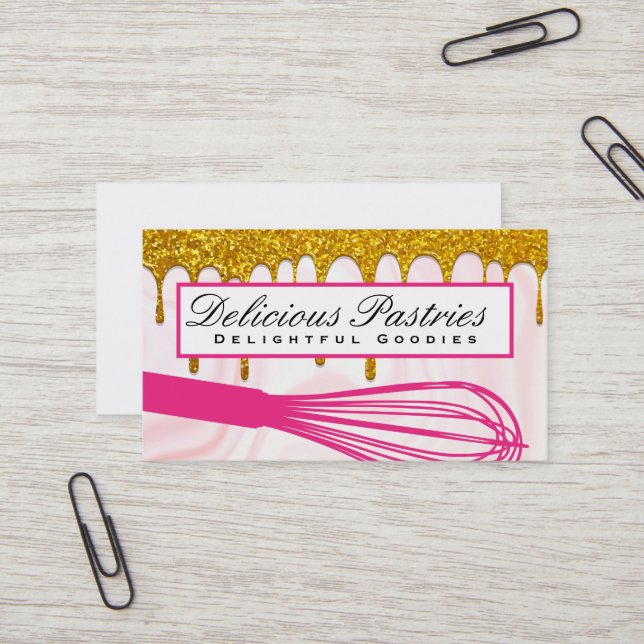 Pink Whisk | Gold Glitter Drip Business Card (Front/Back In Situ)