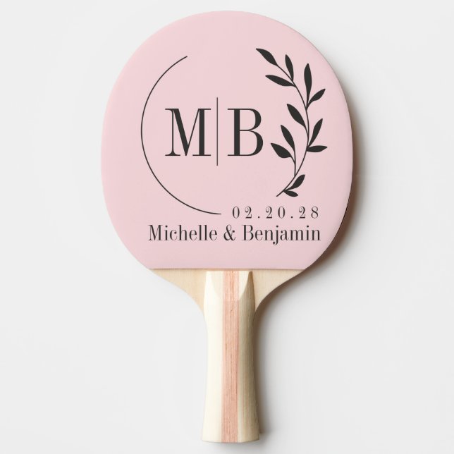 Pink Whisper and Black Leaf Wedding Monogram Ping Pong Paddle (Front)