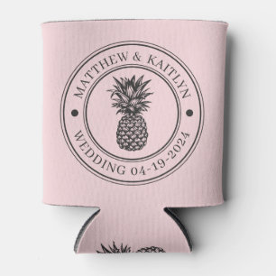 Pink Whisper & Black Pineapple Wedding Crest &Name Can Cooler