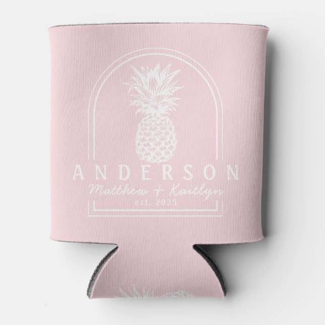 Pink Whisper Pineapple Wedding Arch & Name Can Cooler (Front)