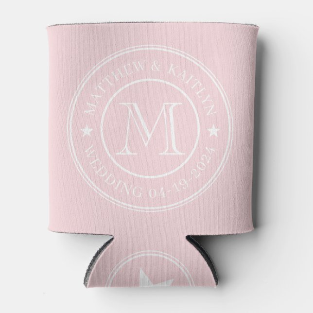 Pink Whisper Wedding Monogram Star Can Cooler (Front)