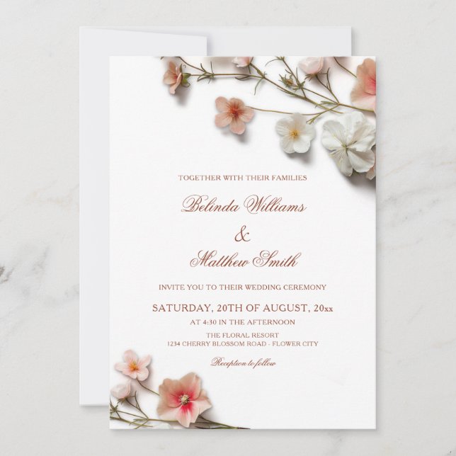 Pink White 3D Wildflowers Wedding Invitation (Front)