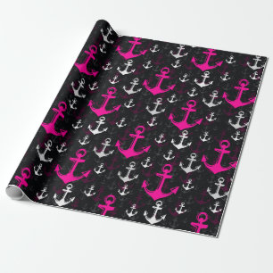 Pink White Anchor With Black Background Wrapping Paper