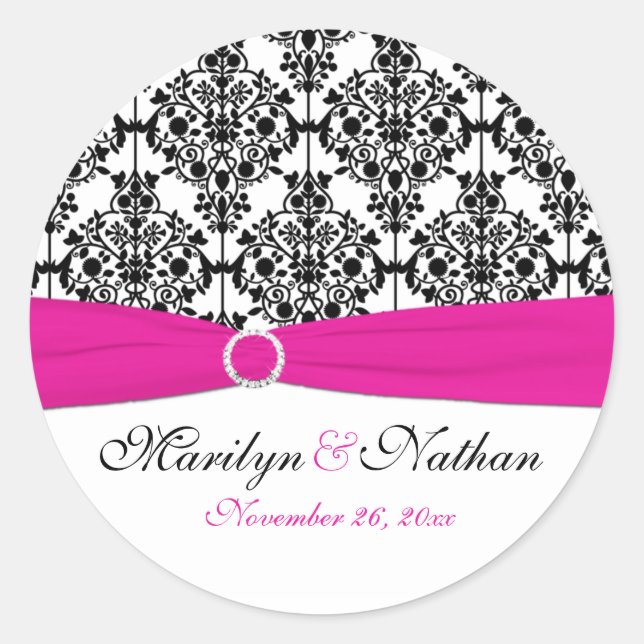 Pink, White, and Black Damask 1.5" Round Sticker (Front)