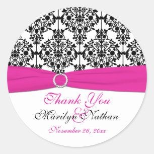 Pink, White, and Black Damask 3" Round Sticker