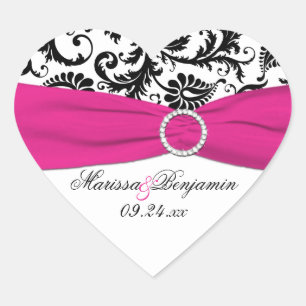 Pink, White, and Black Damask Heart Shape Sticker
