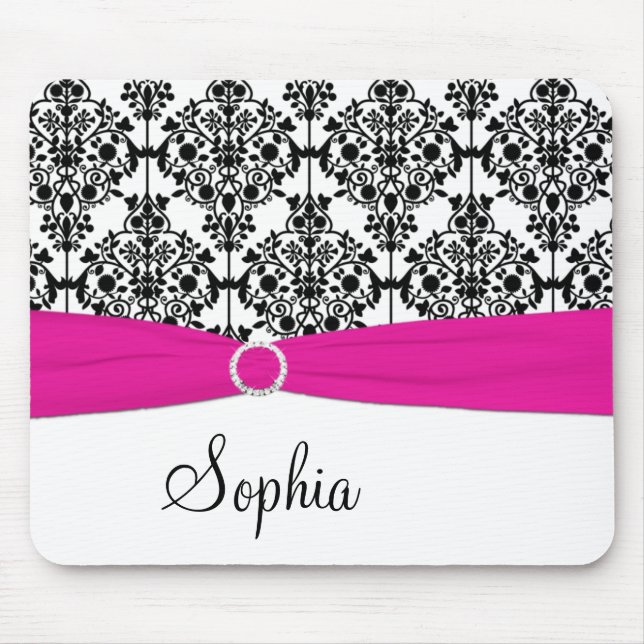 Pink, White, and Black Damask Mousepad (Front)
