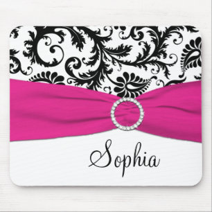 Pink, White, and Black Damask Mousepad