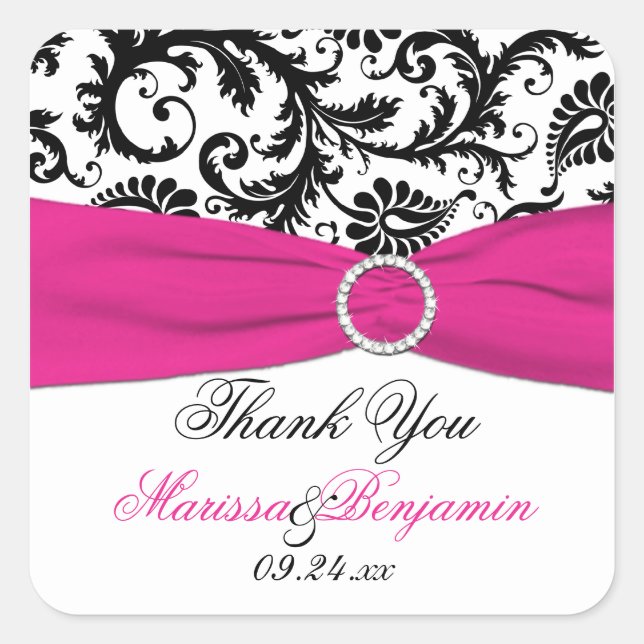 Pink, White, and Black Damask Thank You Sticker (Front)