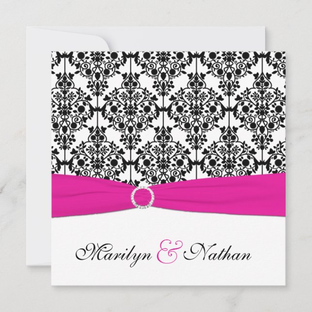 Pink, White, and Black Damask Wedding Invitation 2 (Front)