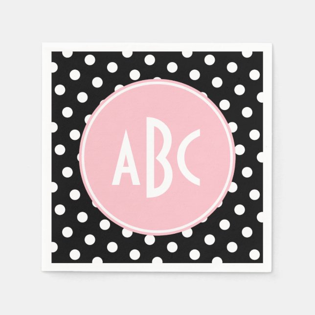 Pink White and Black Polka Dot Monogram Napkin (Front)