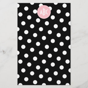 Pink White and Black Polka Dot Monogram Stationery