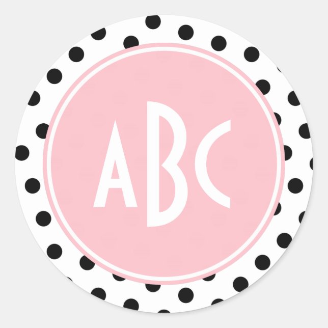 Pink White and Black Polka Dots Monogram Classic Round Sticker (Front)