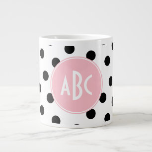 Pink White and Black Polka Dots Monogram Large Coffee Mug