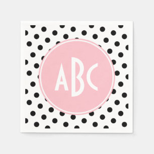 Pink White and Black Polka Dots Monogram Napkin