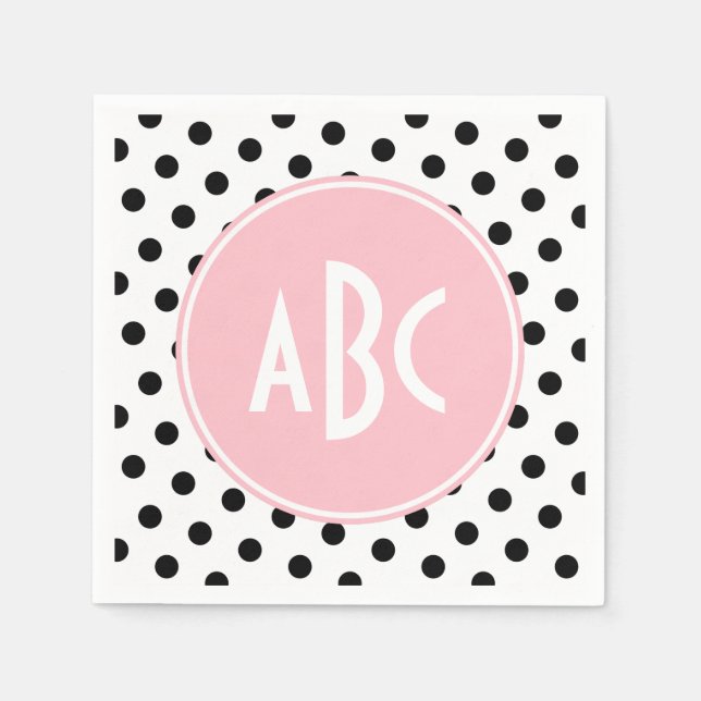 Pink White and Black Polka Dots Monogram Napkin (Front)
