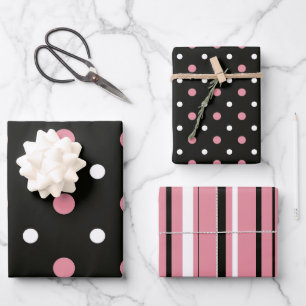 Pink white and black polka dots   wrapping paper sheet