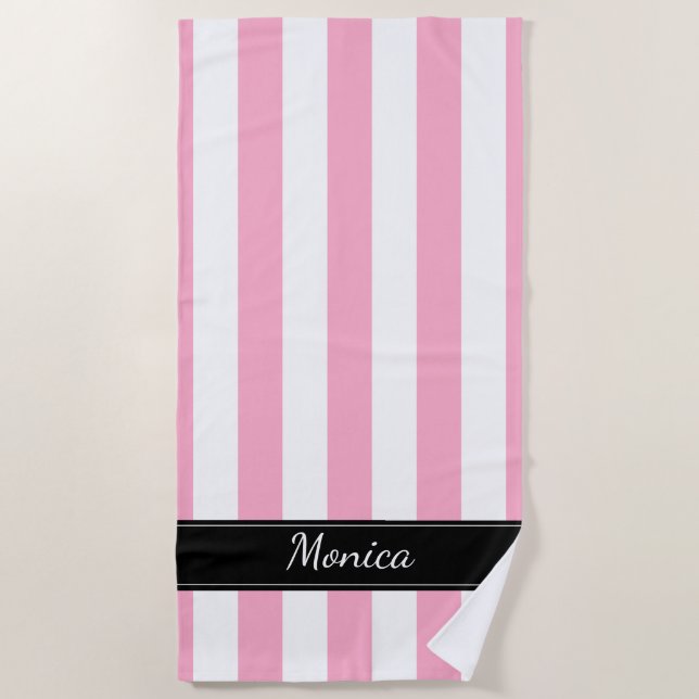 Pink White and Black Striped Beach Towel (Front)