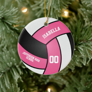 Pink, White and Black Volleyball Ceramic Tree Decoration