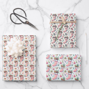 Pink White and Blue Christmas Stocking Wrapping Paper Sheet