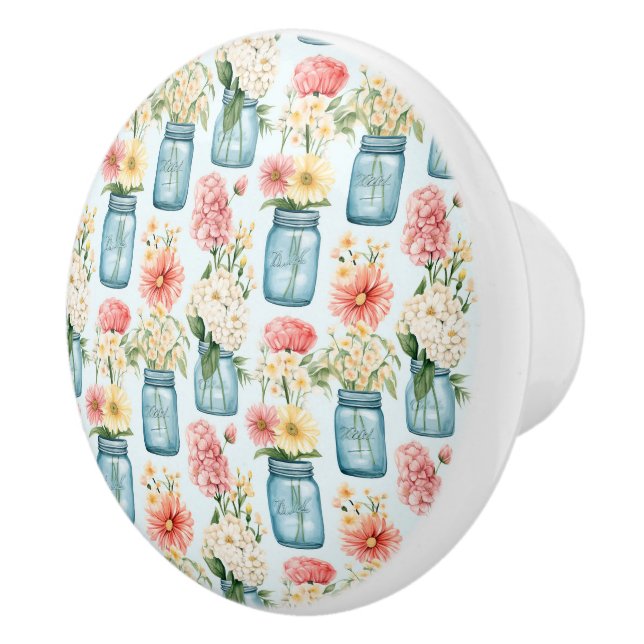 Pink White and Blue Floral and Blue Mason Jars Ceramic Knob (Right)