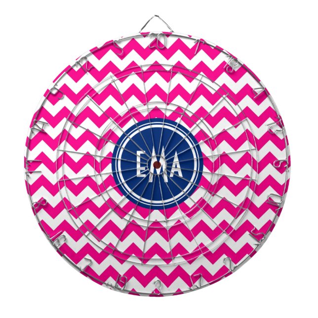 Pink White And Blue Monogram Chevron Pattern Dartboard (Front)