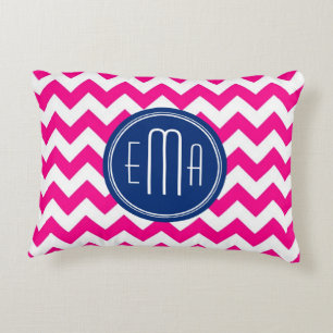 Pink White And Blue Monogram Chevron Pattern Decorative Cushion