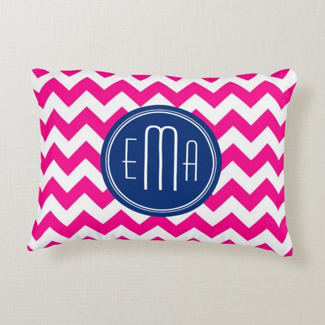 Pink White And Blue Monogram Chevron Pattern Decorative Cushion (Back)