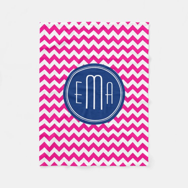 Pink White And Blue Monogram Chevron Pattern Fleece Blanket (Front)