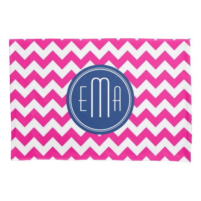 Pink White And Blue Monogram Chevron Pattern Pillowcase (Front)
