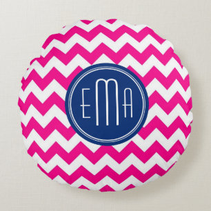 Pink White And Blue Monogram Chevron Pattern Round Cushion