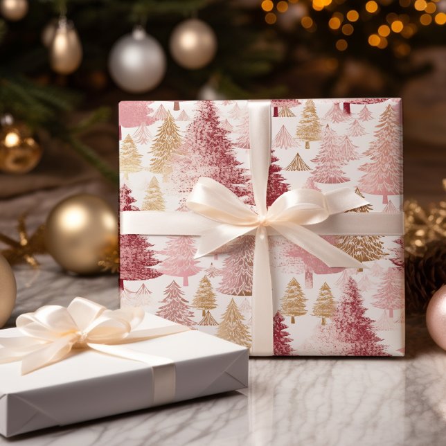 Pink White and Gold Brush Christmas Tree Pattern Wrapping Paper Sheet (Creator Uploaded)