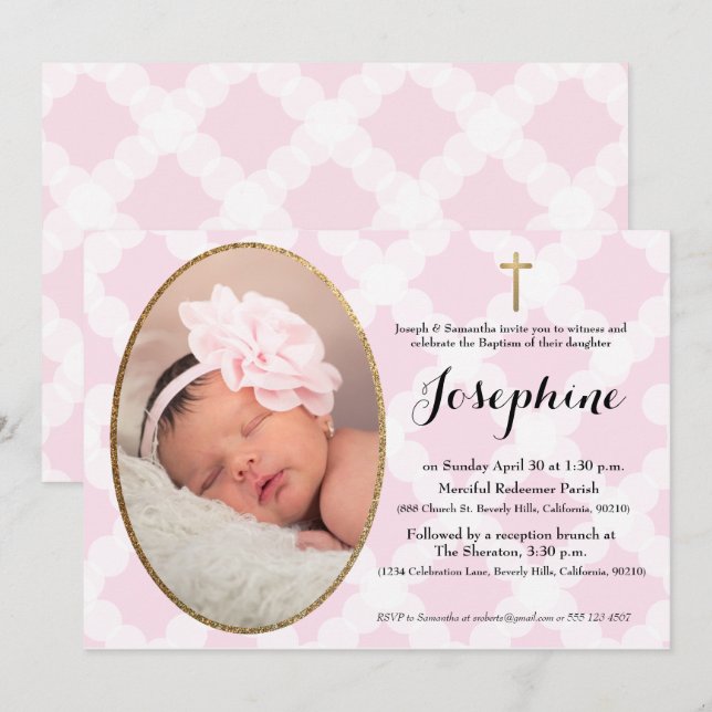 Pink White and Gold Cross Baby Girl Baptism Invitation (Front/Back)