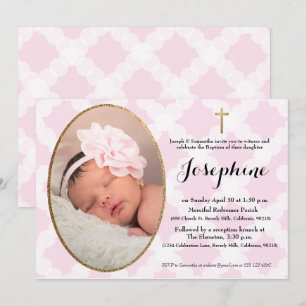 Pink White and Gold Cross Baby Girl Baptism Invitation