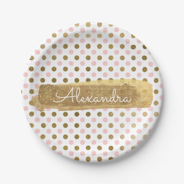 Pink, White and Gold Foil Polka Dot & Stripe Paper Plate (Front)