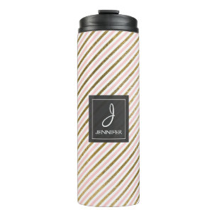 Pink, White and Gold Foil Striped Pattern Monogram Thermal Tumbler