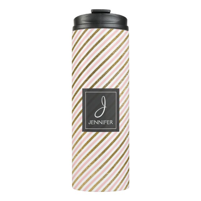 Pink, White and Gold Foil Striped Pattern Monogram Thermal Tumbler (Front)