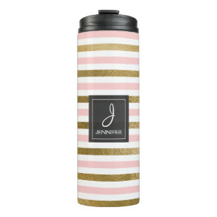 Pink, White and Gold Foil Striped Pattern Monogram Thermal Tumbler