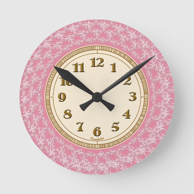 Pink, White and Gold Lacy Pattern Round Clock (Front)