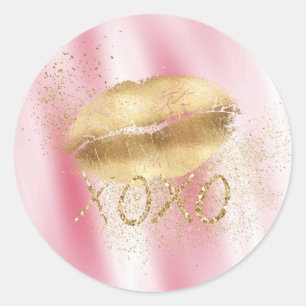 Pink White and Gold Lips Kiss Gold Glitter XOXO Classic Round Sticker