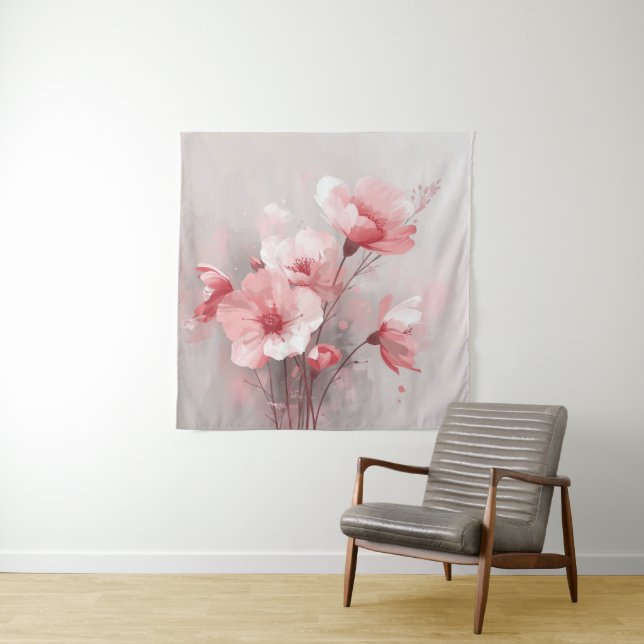 Pink, White, and Gray Florals Tapestry (In Situ)
