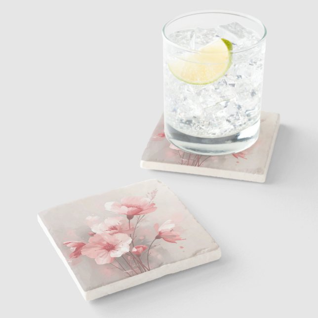 Pink, White, and Gray Foral Stone Coaster (Side)