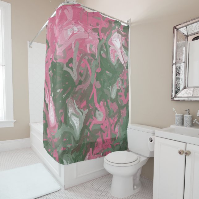 Pink, White and Green Abstract Shower Curtain (In Situ)