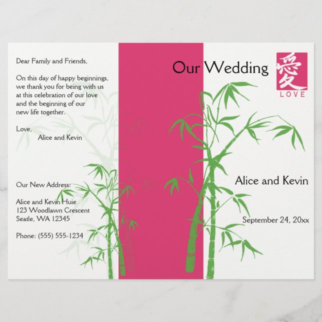 Pink, White, and Green Bamboo Wedding Program (Front)