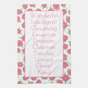 Pink white and green tea towel